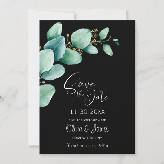 Save The Date Eucalyptus Feuilles Noir Mariage Enregistrer la da (Devant)