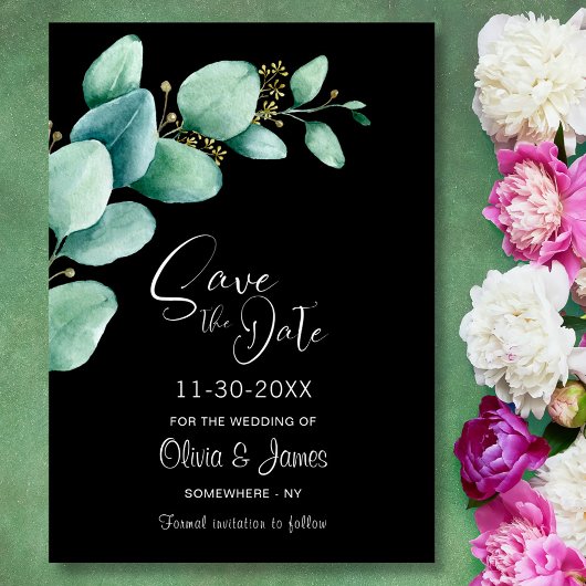 Save The Date Eucalyptus Feuilles Noir Mariage Enregistrer la da