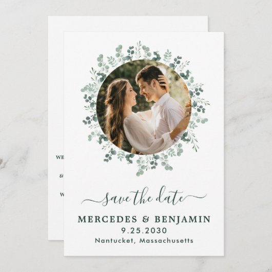 Save The Date Eucalyptus Fleurs Vertes Moderne Code QR Photo Mar (Devant / Derrière)