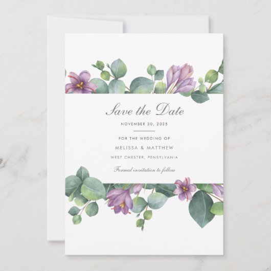 Save The Date Eucalyptus Floral Succulent Vert Pourpre (Devant)