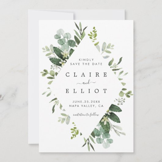 Save The Date Eucalyptus Foliage Diamond Frame Enregistrer la da (Devant)