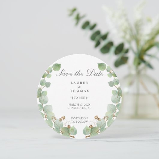 Save The Date Eucalyptus Gold Parties scintillant (Debout devant)
