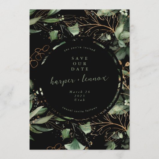 Save The Date Eucalyptus Golden Boho Élégant Onyx Pampas Noir (Devant)