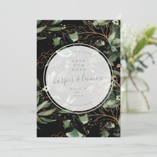 Save The Date Eucalyptus Golden Boho Élégant Onyx Pampas Noir S (Debout devant)