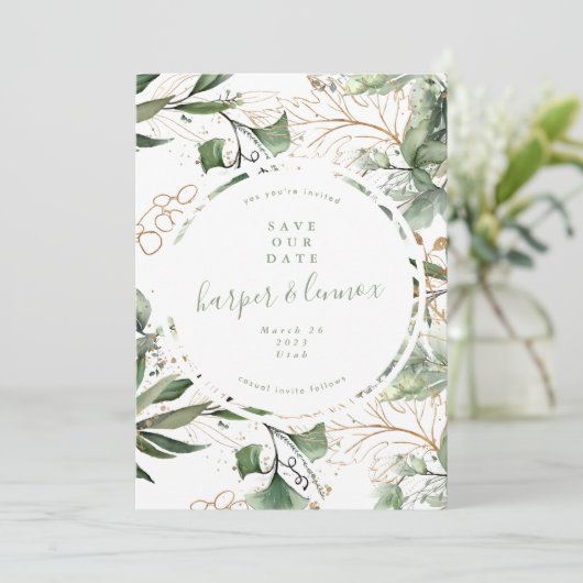 Save The Date Eucalyptus Golden Boho moderne automne Pampas Circ (Debout devant)