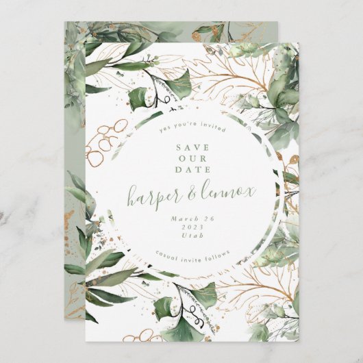 Save The Date Eucalyptus Golden Boho moderne automne Pampas Circ (Devant / Derrière)