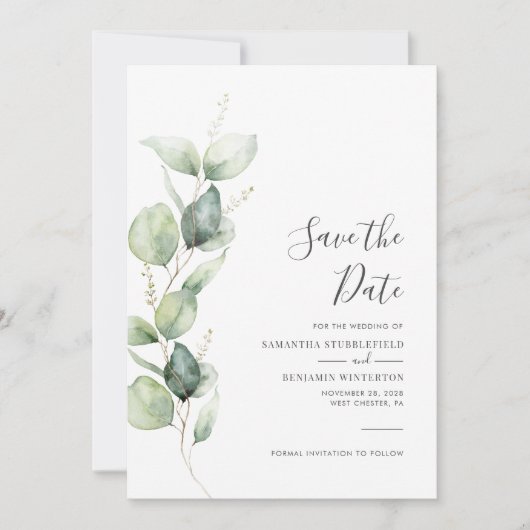 Save The Date Eucalyptus Green Foliage Mariage de script (Devant)
