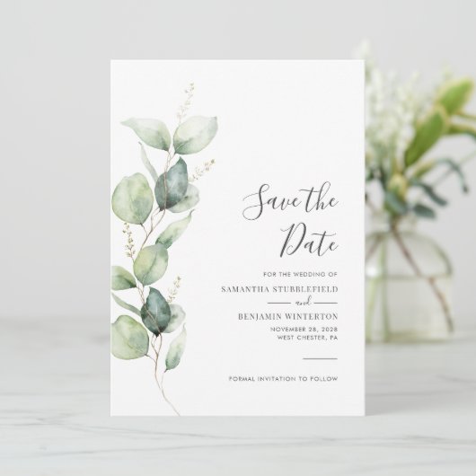 Save The Date Eucalyptus Green Foliage Mariage de script (Debout devant)