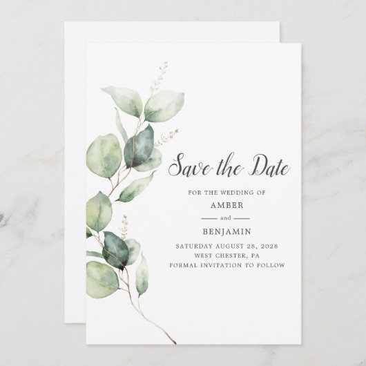 Save The Date Eucalyptus Green Script Enregistrer la date (Devant / Derrière)