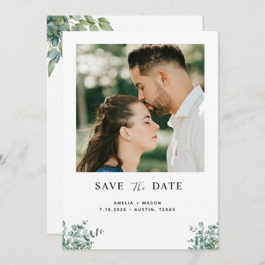 Save The Date eucalyptus greenery wedding (Devant / Derrière)