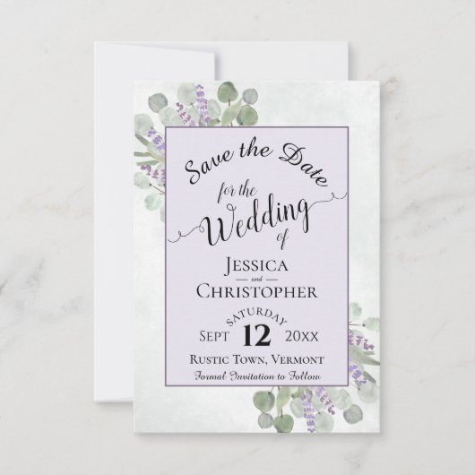 Save The Date Eucalyptus & Lavande Calligraphie Mariage violet (Devant)