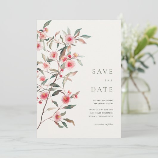 Save The Date Eucalyptus Mariage de verdure et de fleurs roses (Debout devant)