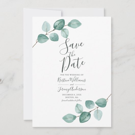 Save The Date Eucalyptus moderne Aquarelle or Script Mariage S (Devant)