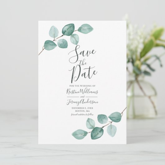 Save The Date Eucalyptus moderne Aquarelle or Script Mariage S (Debout devant)