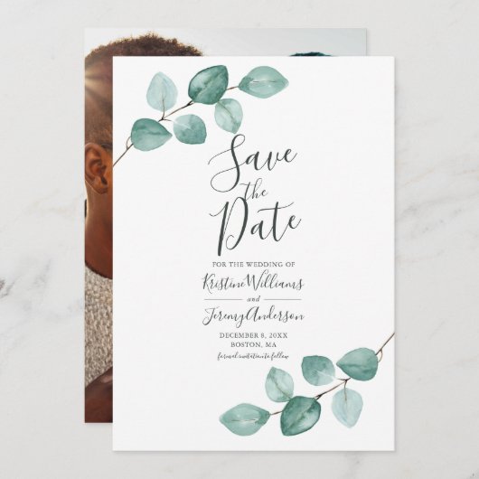 Save The Date Eucalyptus moderne Aquarelle or Script Mariage S (Devant / Derrière)
