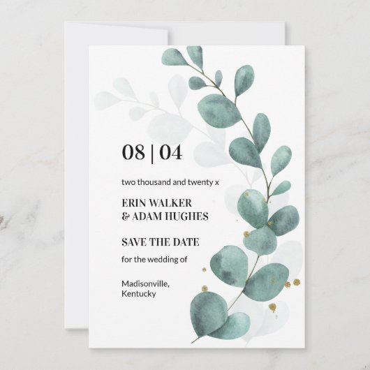 Save The Date Eucalyptus moderne Vert Mariage d'aquarelle Enregi (Devant)