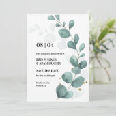 Save The Date Eucalyptus moderne Vert Mariage d'aquarelle Enregi (Debout devant)