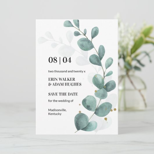 Save The Date Eucalyptus moderne Vert Mariage d'aquarelle Enregi (Debout devant)