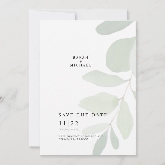 Save The Date Eucalyptus Monté Simple Tige Simple Enregistrer La (Devant)