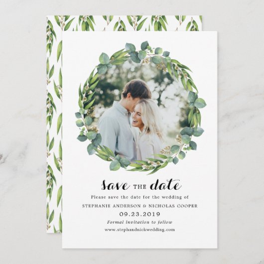 Save The Date Eucalyptus photo enregistrer la date (Devant / Derrière)