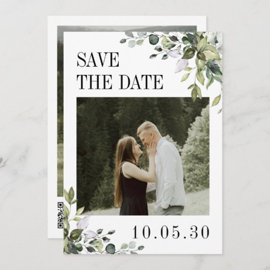 Save The Date Eucalyptus Photo Mariage QR Code Retour (Devant / Derrière)
