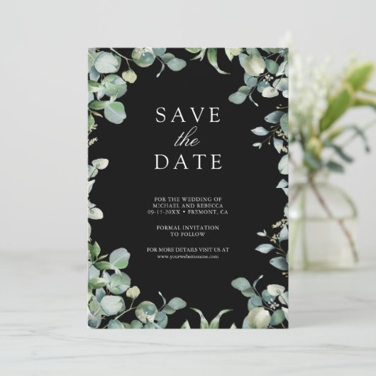 Save The Date Eucalyptus Photo QR Code Mariage noir (Debout devant)
