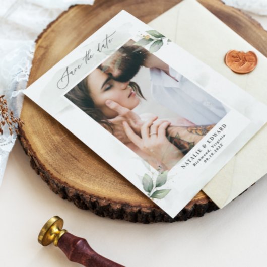 Save The Date Eucalyptus photo vert moderne mariage élégant