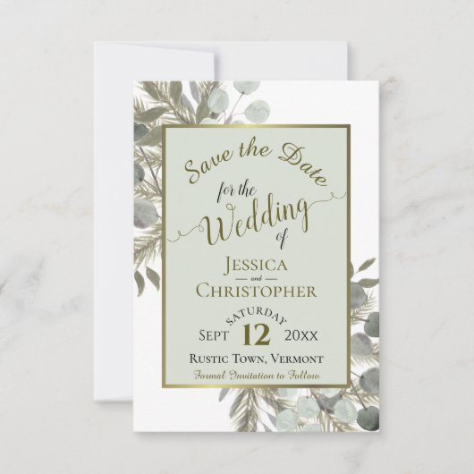 Save The Date Eucalyptus Russe Aquarelle & Mariage Sage Pin (Devant)