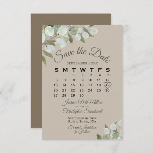 Save The Date Eucalyptus Rustique Calendrier vert Tan Mariage (Devant / Derrière)