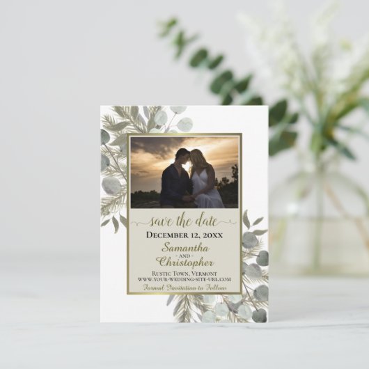 Save The Date Eucalyptus rustique et pin avec Mariage photo (Debout devant)