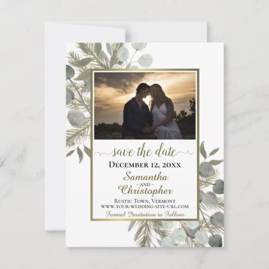 Save The Date Eucalyptus rustique et pin avec photo Mariage blan (Devant)