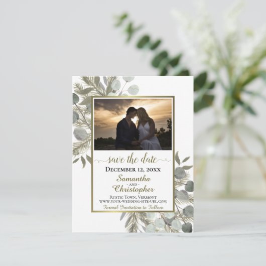 Save The Date Eucalyptus rustique et pin avec photo Mariage blan (Debout devant)
