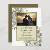 Save The Date Eucalyptus rustique et pin avec photo Mariage or (Devant / Derrière)