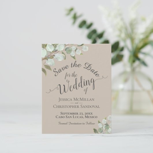 Save The Date Eucalyptus Rustique Feuille Tan Mariage (Debout devant)