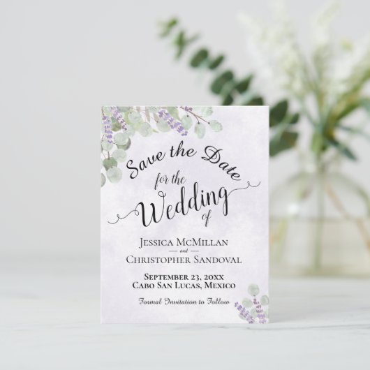 Save The Date Eucalyptus Rustique & Lavande Chic Mariage violet (Debout devant)