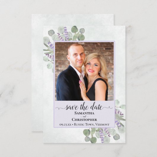 Save The Date Eucalyptus rustique & Lavande violet Mariage photo (Devant / Derrière)