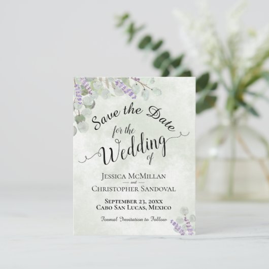 Save The Date Eucalyptus rustique & Lavender Elégant Mariage Sag (Debout devant)