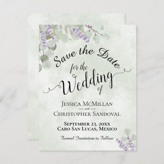 Save The Date Eucalyptus rustique & Lavender Elégant Mariage Sag (Devant / Derrière)