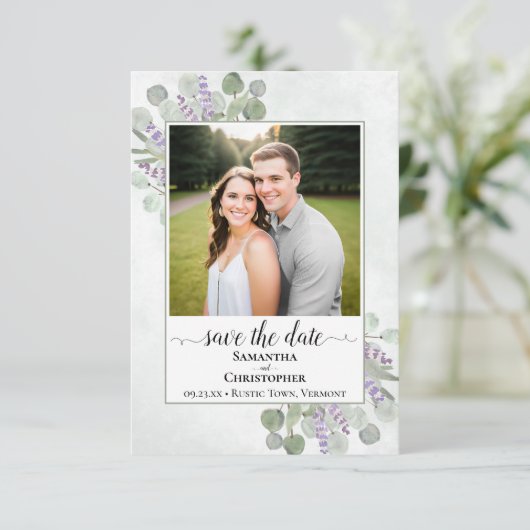 Save The Date Eucalyptus rustique & Lavender Photo Mariage simpl (Debout devant)