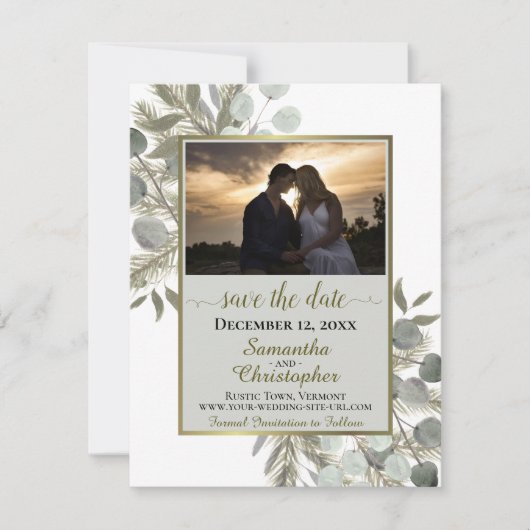 Save The Date Eucalyptus rustique & Pine avec Mariage gris photo (Devant)