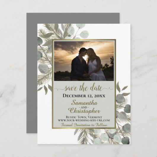 Save The Date Eucalyptus rustique & Pine avec Mariage gris photo (Devant / Derrière)