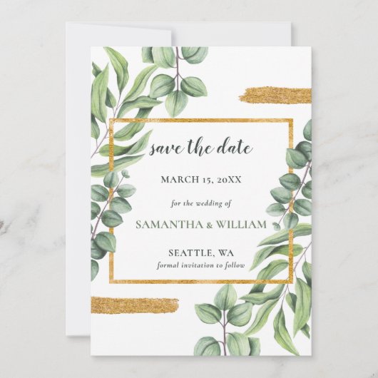 Save The Date Eucalyptus rustique Verdure Mariage succulent (Devant)