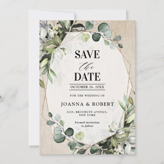 Save The Date Eucalyptus Sage Verdure Mariage géométrique modern (Devant)