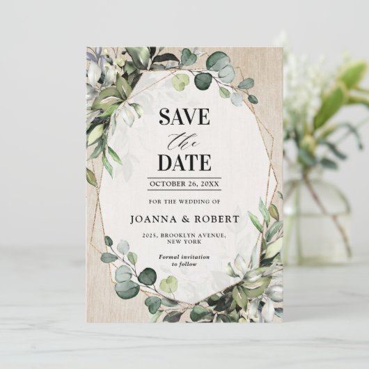 Save The Date Eucalyptus Sage Verdure Mariage géométrique modern (Debout devant)