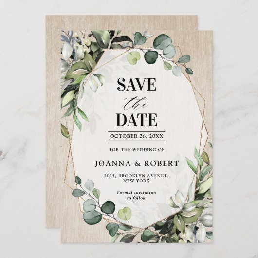 Save The Date Eucalyptus Sage Verdure Mariage géométrique modern (Devant / Derrière)