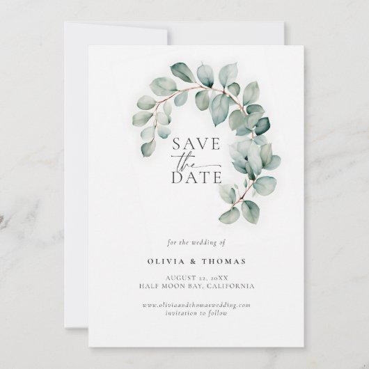 Save The Date Eucalyptus Verdure moderne Wreath Mariage élégant (Devant)
