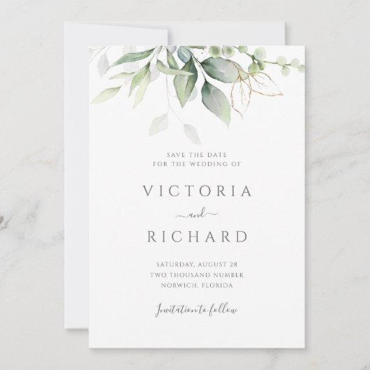 Save The Date Eucalyptus Verdure Or Feuilles mariage élégant (Devant)