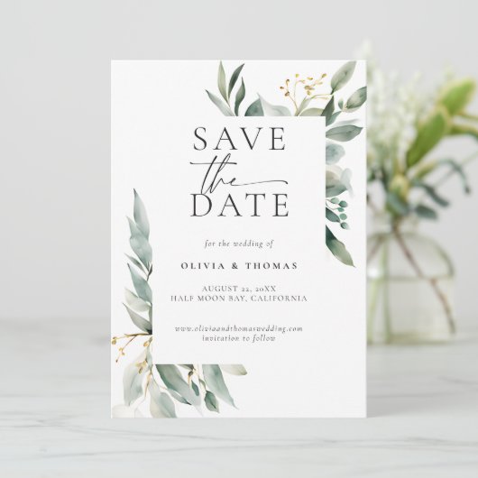Save The Date Eucalyptus Verdure Or Moderne Mariage élégant (Debout devant)