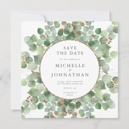 Save The Date Eucalyptus Vert Aquarelle & Mariage Or (Devant)