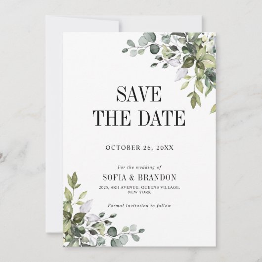 Save The Date Eucalyptus vert émeraude Rustique photo Mariage (Devant)